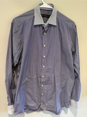 Etro Blue Pinstripe Dress Shirt with White Contrast Collar